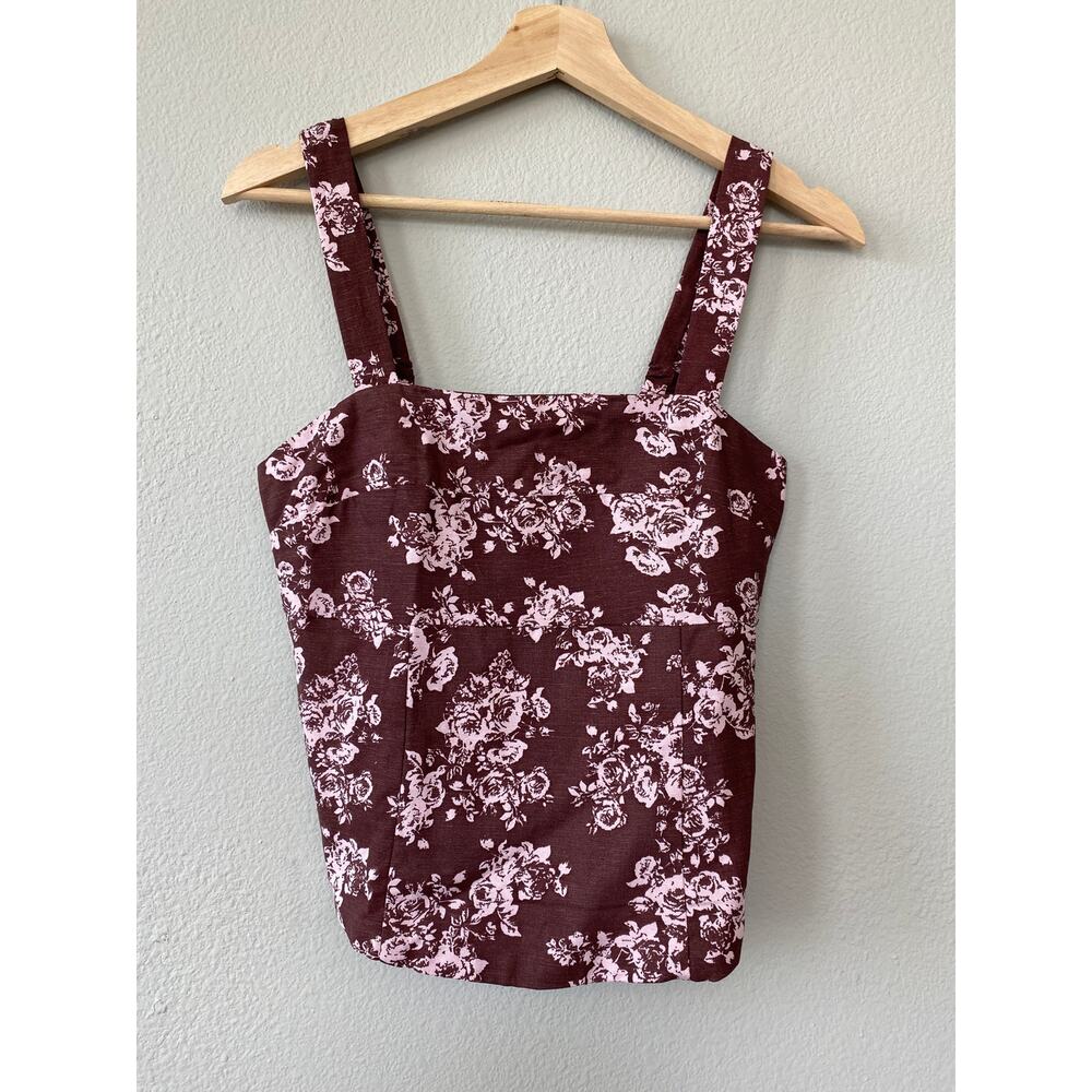 Sim & Sam S Burgundy Pink Floral Linen Blend Corset Smocked Cottagecore Tank Top